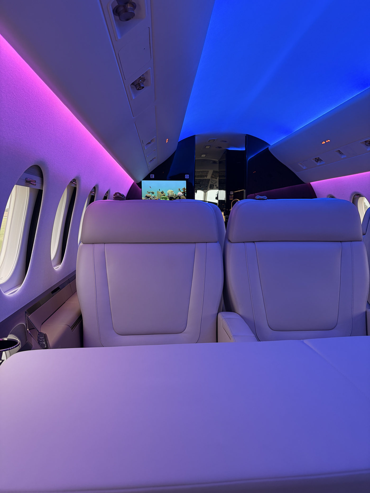 Business jet club seats and divan in pink and blue cabin lighting
